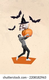 Creative drawing collage picture astonished scared young man carry halloween party decoration disco celebration skull pumpkin witch hat