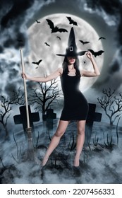 Creative Drawing Collage Picture Of Attractive Sexy Woman Witch Sabbath Cemetery Ritual Sorcery Broom Nightmare Black Magic Full Moon Fog