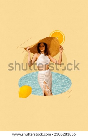 Creative drawing collage picture of beautiful attractive young female sunhat summer vacation wave ocean sea water lemon orange fresh fruits