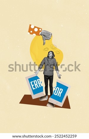 Creative drawing collage picture of confused man freelancer error computer monitor thumb down problem billboard comics zine minimal