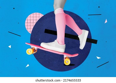 Creative drawing collage picture cropped woman legs wear new shoes ride skate board isolated painted background