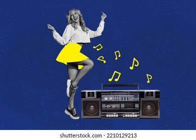 Creative Drawing Collage Picture Of Energetic Gorgeous Young Woman Dancing Have Fun Wear Mini Skirt Listen Retro Vintage Music Boombox