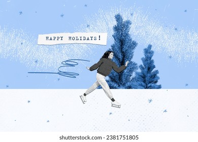 Creative drawing collage picture of energetic female ice skater christmas new year greeting card template holiday x-mas congratulation