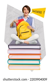 Creative Drawing Collage Picture Of Excited Excellent Student Young School Girl College University Student Backpack Pile Books Pass Exam