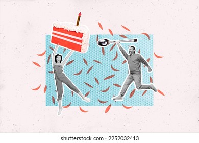 Creative drawing collage picture of excited cheerful little man woman dancing hold piece cake happy birthday have fun big spoon tasty