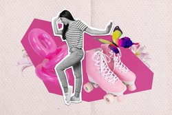 Creative Drawing Collage Picture Of Funny Elegant Young Female Dancing Party Disco Have Fun Dancer Roller Skater Girlish Summer Vacation