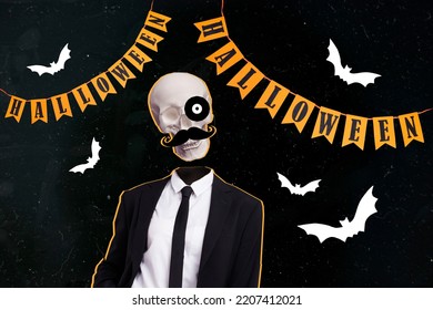 Creative drawing collage picture halloween party decorations garlands costume skeleton skull head mustache gentleman painting background