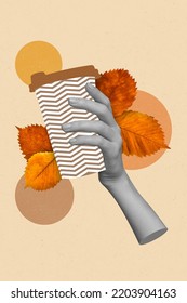 Creative drawing collage picture hand holding take away paper cup hot coffee cacao tea cafeteria cafe autumn orange leaves cozy comfort