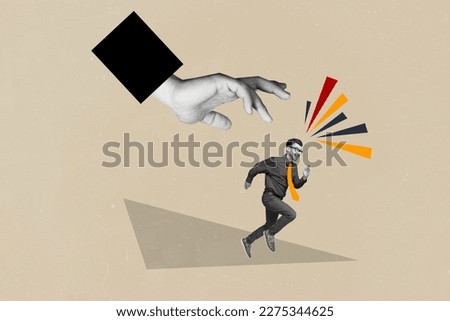 Creative drawing collage picture of hand boss chief catch little man run away escape scared afraid worker employee rush hurry fast quit