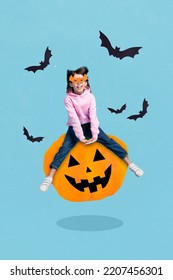 Creative Drawing Collage Picture Of Happy Excited Little Girl Ride Flying Halloween Pumpkin Lumberjack Carving Cute Face Bat Mask Celebrate