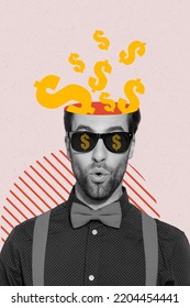 Creative drawing collage picture of man dollar signs head sunglass excited rich income win lottery greedy isolated drawing backgrounds