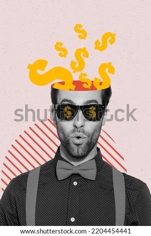 Creative drawing collage picture of man dollar signs head sunglass excited rich income win lottery greedy isolated drawing backgrounds