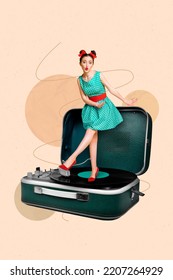 Creative drawing collage picture of miniature funky funny woman dancing big retro vinyl recorder oldschool music lover enjoy song melody