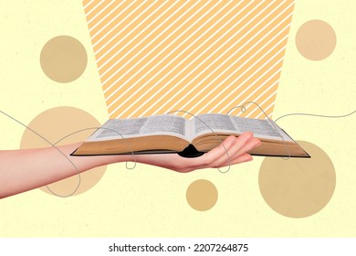 Creative drawing collage picture of woman hand holding book knowledge source dictionary foreign language learn student study education