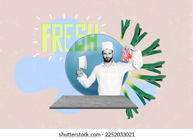 Creative drawing collage picture of young chef cook fresh meat sharp knife cooking show cutting green onions vegetable recipe concept - Powered by Shutterstock