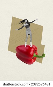 Creative drawing collage picture of young female roller skating pepper paprika cook eat food surrealism template metaphor artwork concept