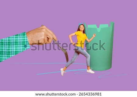 Creative drawing full image collage picture of happy girl guy stand noodle box delivery asian food cafe order hand hold fork prick