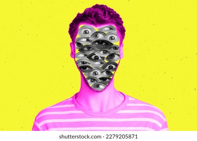 Creative dream banner collage weird freak man and no face having multiple eyes eyesight care concept
