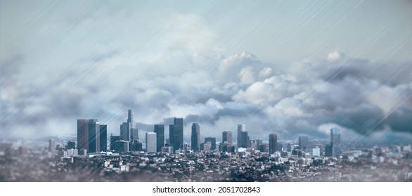 Creative Dull City Background With Gray Clouds And Mock Up Place. View And Architecture Concept