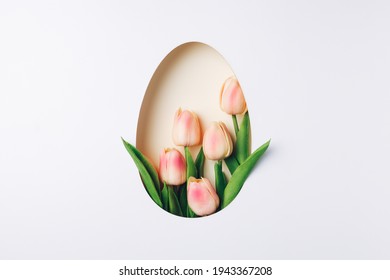 Creative Easter layout with fresh tulip flowers and leaves on bright white and beige paper background. Spring natural concept. Egg shape Easter holiday minimal composition. Flat lay, top view.