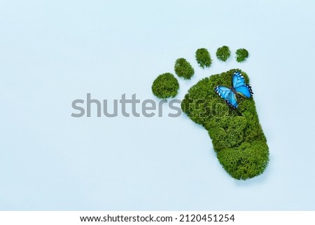 Creative eco, environmental care, earth day concept. Barefoot footprint made of natural green moss and butterfly on blue background