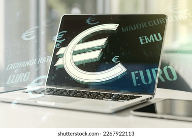 Creative EURO USD symbols illustration on modern computer background, forex and currency concept. Multiexposure - Powered by Shutterstock