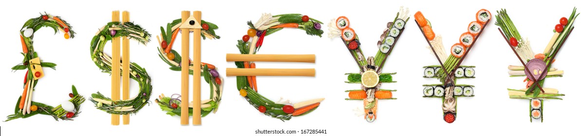 A creative exchange concept of a pound, euro, yen and dollar made of sushi and vegetables.