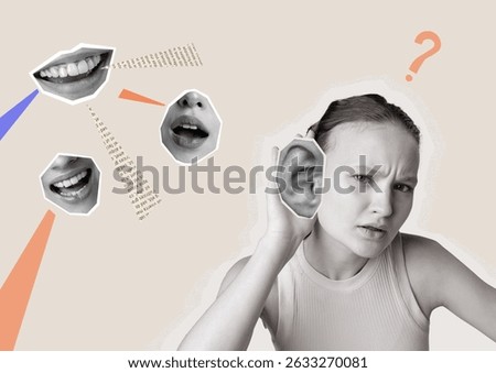 Creative expression of communication and listening through a unique visual collage featuring a young woman engaged in an active listening pose