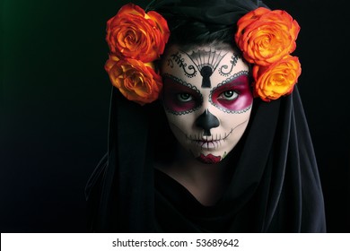 Creative Face Paint Portrait Flower .Day Of The Dead Persons.halloween