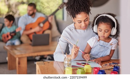 Creative Family, Mom And Girl Doing Art And Craft With Dad And In Background With Guitar In Home. Painting, Child Development And Parents Love For Children, A Mother From Brazil And Kid With Paint.