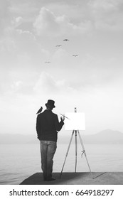 creative fantastic black and white painter looking for inspiration