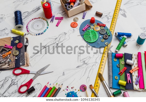 Creative Fashion Design Desk Sketch Accessories Stock Photo Edit