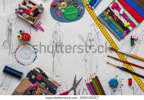 Creative Fashion Design Desk Sketch Accessories Stock Photo Edit