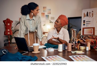 Creative, fashion or designer woman in office with fabric design planning, collaboration or teamwork with smile. Business meeting, diversity or women for small business, startup or company growth - Powered by Shutterstock