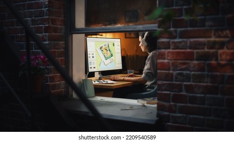 Creative Female 3D Architect Artist Using Desktop Computer with Screen Showing CAD Real Estate Project. Brazilian Woman Video Game Developer Creating New Gaming Level. View Into the Apartment Window. - Powered by Shutterstock