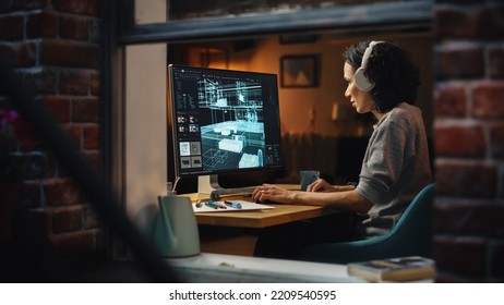 Creative Female 3D Architect Artist Using Desktop Computer with Display Showing CAD Real Estate Project. Brazilian Woman Video Game Developer Creating Gaming Level. View Into the Apartment Window. - Powered by Shutterstock