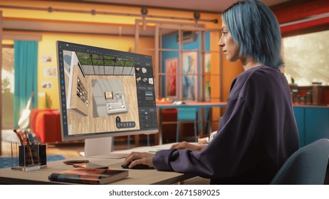 Creative Female Working, Using Computer Software to Choose, Move and Manipulate 3D Furniture in a Cozy Home Project. Student Making an Architecture College Assignment for Interior Design Course