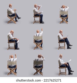 Creative Film Director Sitting On The Director's Chair, Collection Of Poses And Expressions