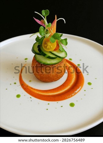 Creative fine dining appetizer featuring colorful vegetables, layered textures, fresh herbs and vibrant sauce presented on elegant white porcelain. This sophisticated culinary composition is perfect for luxury restaurant marketing, chef portfolios, menu design, hospitality advertising and gastronomy publications. Modern plating and vivid natural colors communicate innovation, premium quality and professional culinary craftsmanship, making the image highly attractive for upscale food and lifestyle projects.