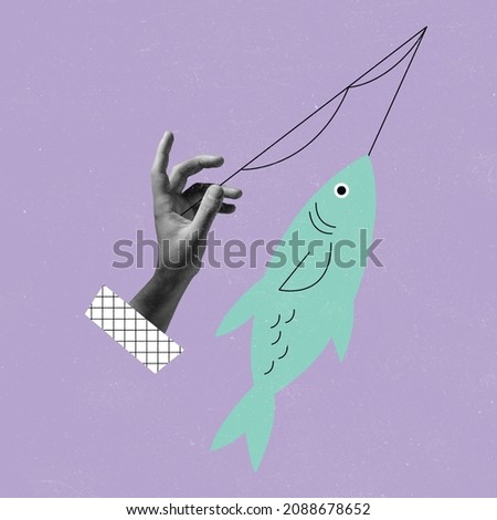 Creative fishing. Hands aesthetic on bright background, artwork. Concept of human relation, community, togetherness, symbolism, surrealism. Contemporary art collage and modern design