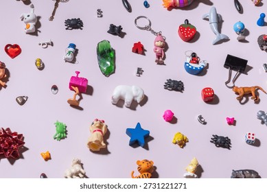 Creative flat lay of assorted tiny toys, charms, animals, letters and colorful trinkets arranged on a pastel background. Playful childhood concept with imagination, fun, diversity and copy space.
