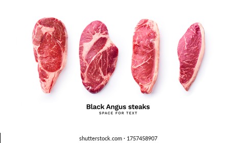 Creative flat lay with black angus prime beef steak variety isolated on white background with copy space. Steak types