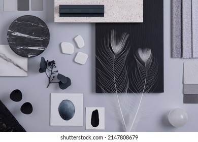 Creative Flat Lay Composition In Grey And Black Color Palette With Textile And Paint Samples, Panels And Tiles. Architect And Interior Designer Moodboard. Top View. Copy Space. Template.