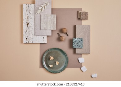 Creative flat lay composition of interior designer moodboard with textile and paint samples, panels and cement tiles. Beige, grey and green color palette. Copy space. Template.  - Shutterstock ID 2138327413