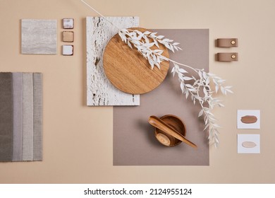 Creative flat lay composition with textile and paint samples, panels and cement tiles. Stylish interior designer moodboard. Light beige color palette. Copy space. Template.  - Shutterstock ID 2124955124