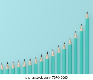 Creative flat lay design of crayons, Blue pencils on technical chart of financial expansion. wave pattern row on blue pastel background. minimal idea. business concept for control financial budget.