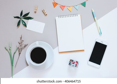 Creative Flat Lay Design Of Cute Workspace Desk With Notebook, Coffee, Smartphone And Decorated Cute Craft With Copy Space Background, Minimal Style
