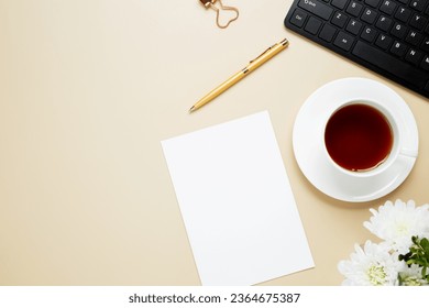 Creative flat lay mockup design of workspace. Flat lay office desk, mock up space for text. Top view. Copy space