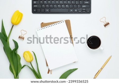 Creative flat lay mockup design of workspace. Flat lay office desk, mock up space for text. Top view. Copy space