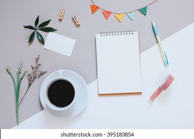 Creative Flat Lay Photo Of Cute Workspace Desk With Notebook, Coffee, Name Card And Decorated Cute Craft With Copy Space Background, Minimal Style
